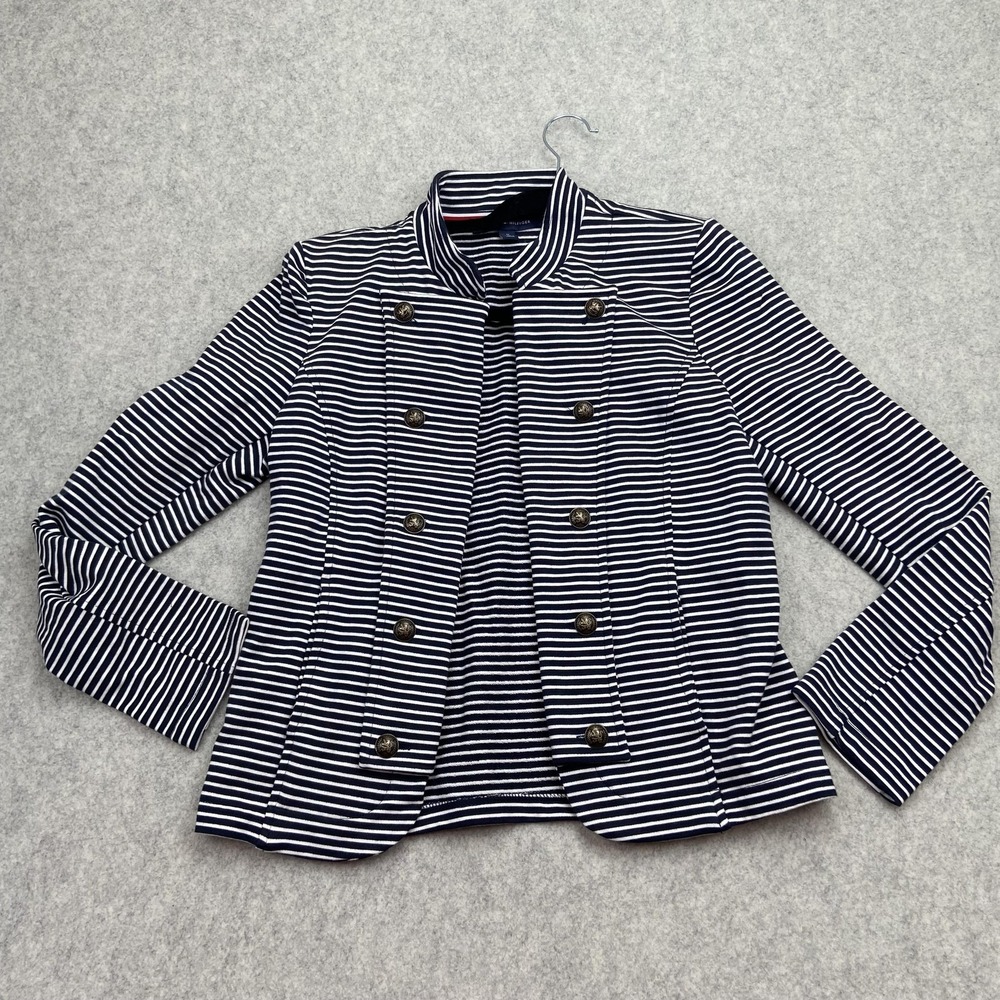 Tommy Hilfiger Jacket Womens Medium Navy Striped Stretch Military Blazer Preppy